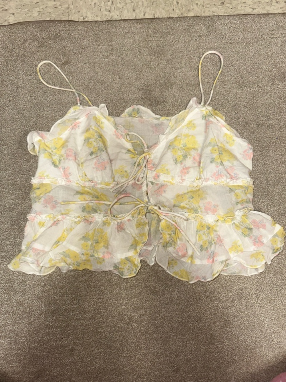 LoveShackFancy White Floral Ruffle Tie-Front Cami with Yellow & Pink Accents